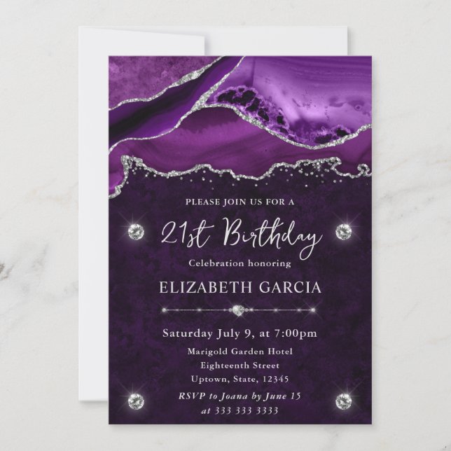 Invitación Cumpleaños 21 Agata con Brillo Púrpura y Plateado (Anverso)