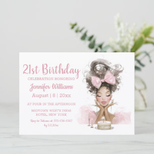 Invitación cumpleaños 21 agua tinta rosa vestido fiesta elega