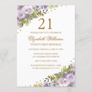 Invitación Cumpleaños 21 Aguaflorales Purpura Dorado Acuarela