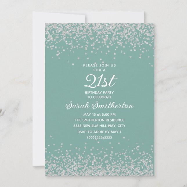 Invitación Cumpleaños 21 Aqua Mint Plata Diamante Brillo (Anverso)