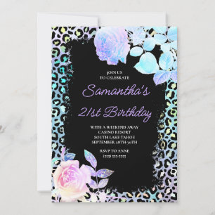 Invitación Cumpleaños 21 Aqua Turquesa Iridescente Leopardo