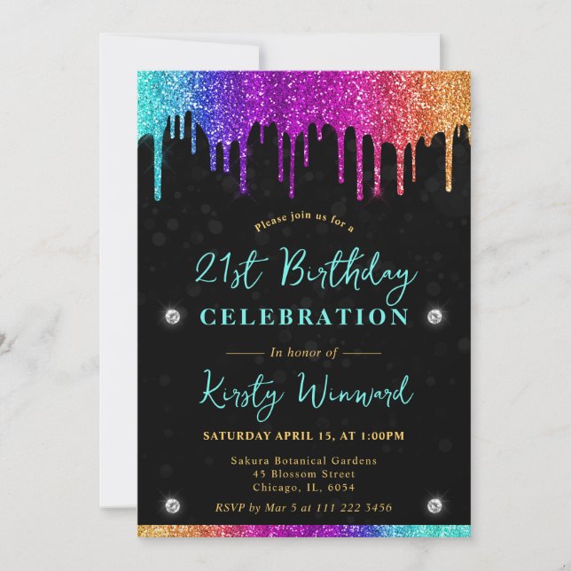 Invitación Cumpleaños 21 Arcoíris Brillante con Efecto Bokeh (Anverso)