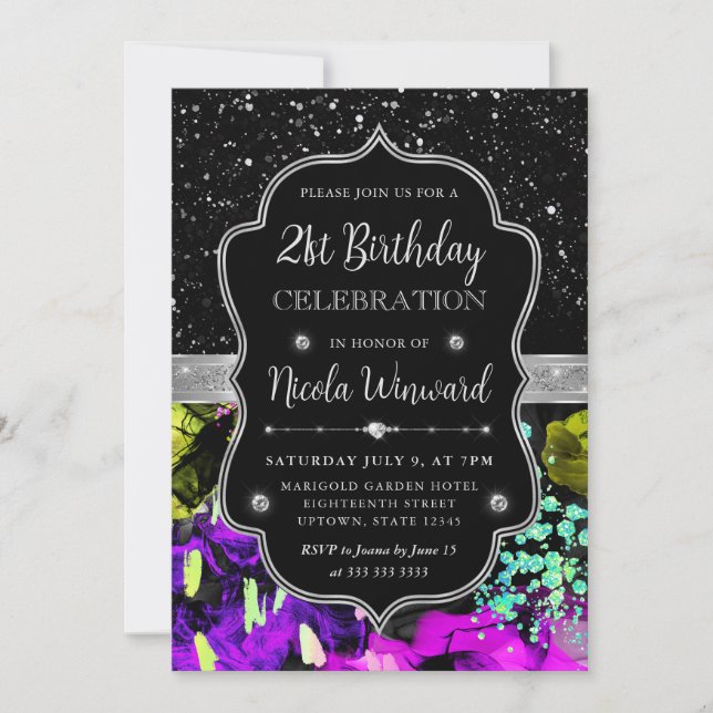 Invitación Cumpleaños 21 Arcoíris Neon Abstracto Brillante (Anverso)