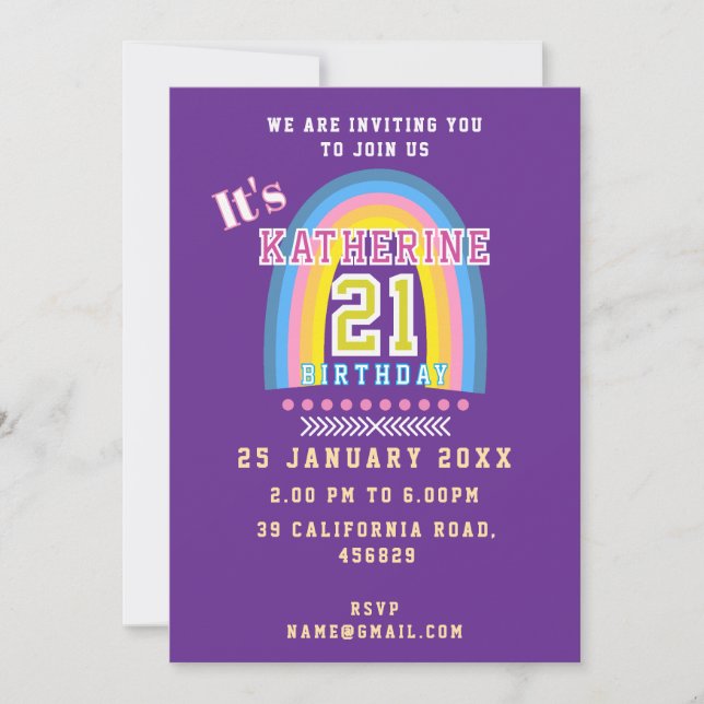 Invitación Cumpleaños 21 Arcoíris Púrpura (Anverso)