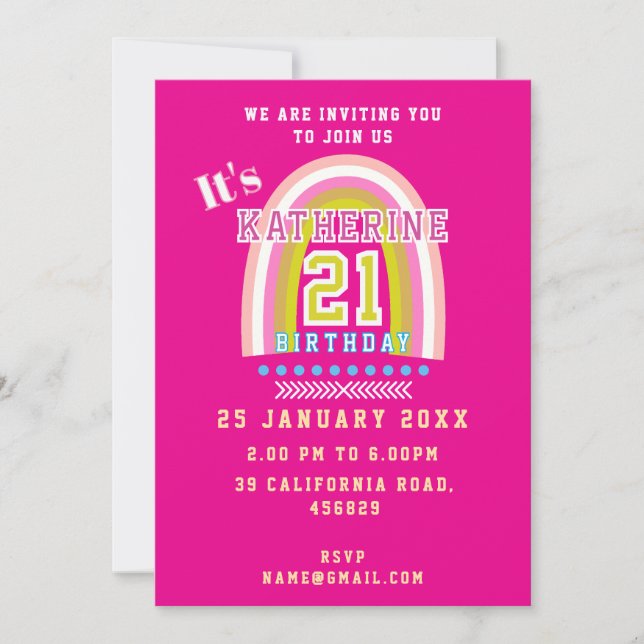 Invitación Cumpleaños 21 Arcoíris Rosa (Anverso)