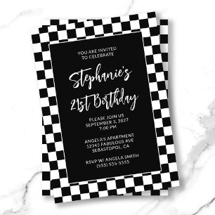 Invitación Cumpleaños 21 atrevido a cuadros en blanco y negro