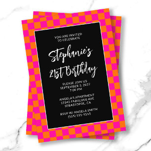 Invitación Cumpleaños 21 atrevido con cuadros rosa caliente y