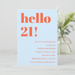 Invitación Cumpleaños 21 Azul Naranja Negrita Moderno Brillan