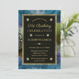Invitación Cumpleaños 21 Azul, Verde y Oro Agata con Brillo
