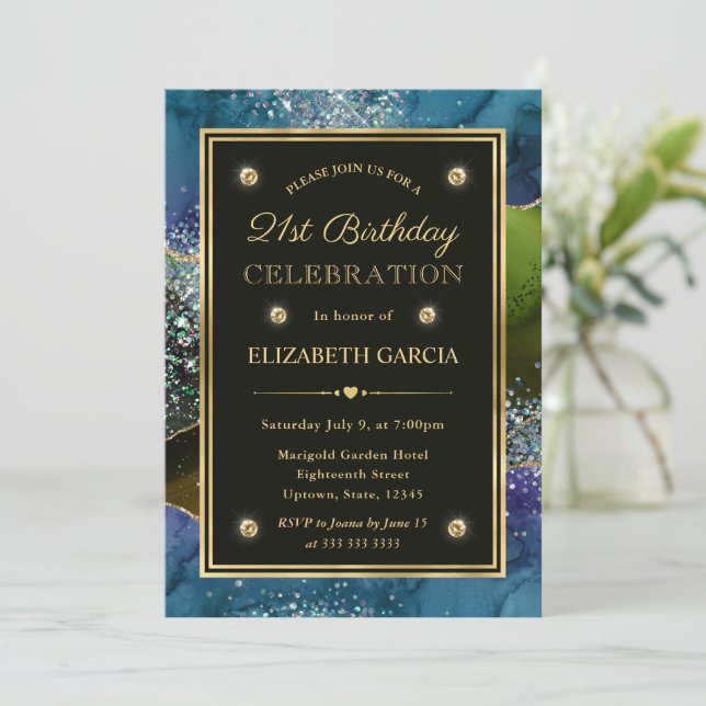 Invitación Cumpleaños 21 Azul, Verde y Oro Agata con Brillo (Anverso de pie)