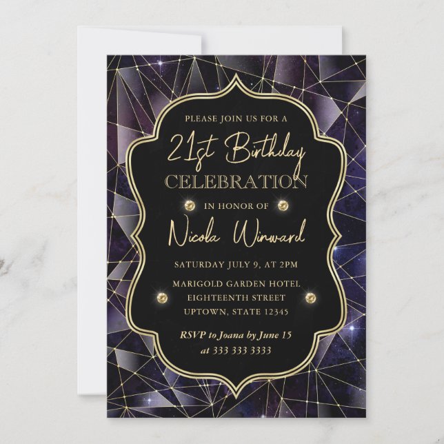 Invitación Cumpleaños 21 Black & Gold Midnight Crystal Galaxy (Anverso)