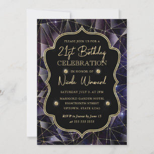Invitación Cumpleaños 21 Black & Gold Midnight Crystal Galaxy