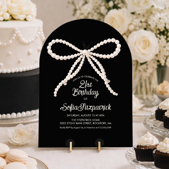 Invitación Cumpleaños 21 Black White Pearl Bow Arch (Subido por el creador)