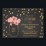 Invitación Cumpleaños 21| Boletín Gold Mason Jar Confetti Cha<br><div class="desc">Flores color agua rosa y Relieve metalizado falso dorado en frasco de albañil 21 cumpleaños fiesta invitación.Por favor,  ten en cuenta que todos los productos de Zazzle tienen gráficos planos.</div>