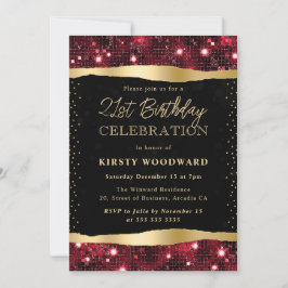 Invitación Cumpleaños 21 Brillante con Destellos Rojos y Dora