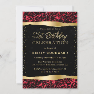 Invitación Cumpleaños 21 Brillante con Destellos Rojos y Dora