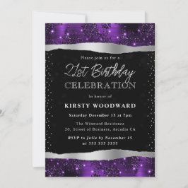 Invitación Cumpleaños 21 Brillante con Purpura y Negro
