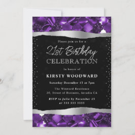 Invitación Cumpleaños 21 Brillante con Purpura y Negro Respla