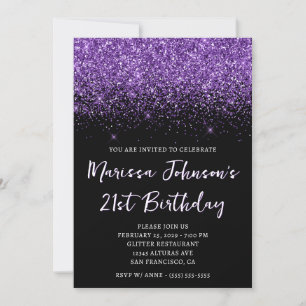 Invitación Cumpleaños 21 Brillante Glitter Morado Real Negro