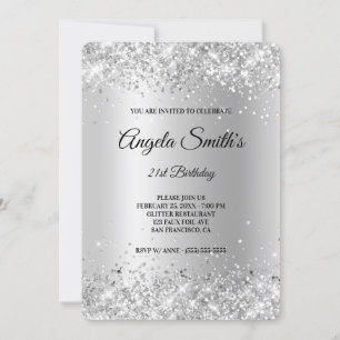 Invitación Cumpleaños 21 Brillante Glitter Satin Foil Platead