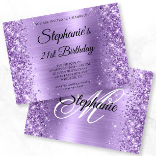 Invitación Cumpleaños 21 Brillante Luz Purpura Glam Monograma