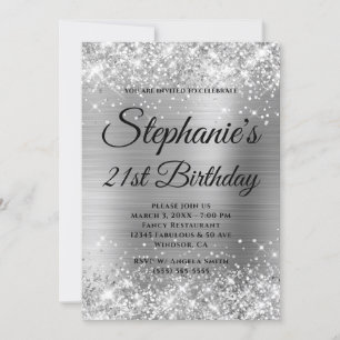 Invitación Cumpleaños 21 Brillante Monograma Plateado de Lujo