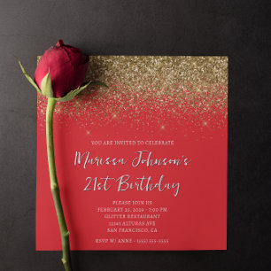 Invitación Cumpleaños 21 Brillante Oro Glitter Rojo