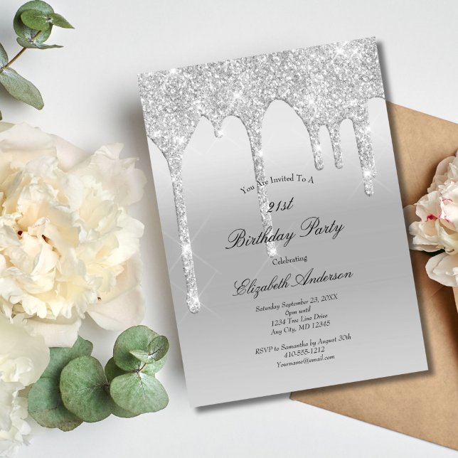 Invitación Cumpleaños 21 Brillante Plata con Glitter (Silver Dripping Glitter 21st Birthday invitation Glam Bling)
