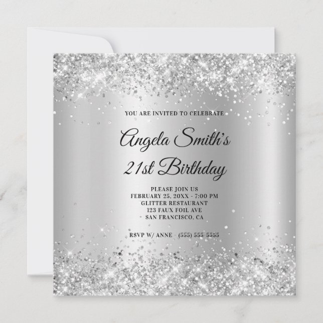 Invitación Cumpleaños 21 Brillante Plateado con Seda y Brillo (Anverso)