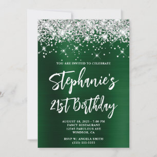 Invitación Cumpleaños 21 Brillante Plateado Verde Oscuro Foil