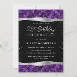 Invitación Cumpleaños 21 Brillante Purpura y Negro con Brillo