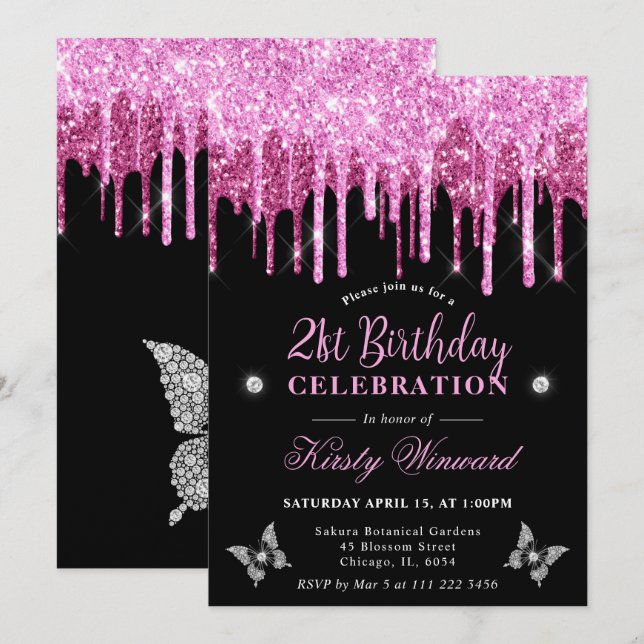 Invitación Cumpleaños 21 Brillante Rosa Caliente (Anverso / Reverso)
