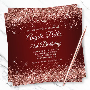 Invitación Cumpleaños 21 Brillante Rosa Dorado Glitter Rojo O