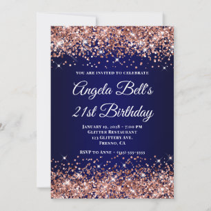Invitación Cumpleaños 21 Brillante Rosa Dorado Ombre Azul Mar