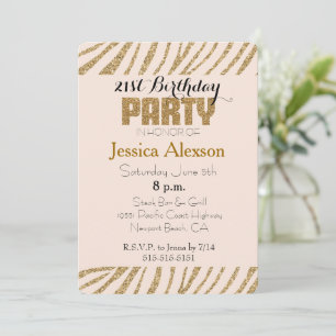 Invitación Cumpleaños 21 Brillo Falso Estampado Cebra Dorado