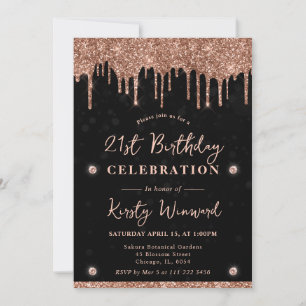 Invitación Cumpleaños 21 Brillo Goteante Bokeh Rosa Dorado