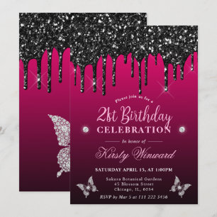 Invitación Cumpleaños 21 Brillo que Gotea Rosa Fucsia y Negro