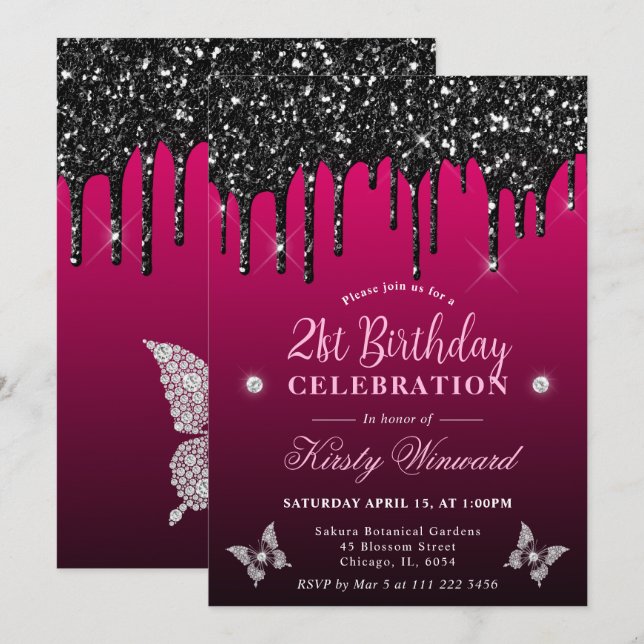 Invitación Cumpleaños 21 Brillo que Gotea Rosa Fucsia y Negro (Anverso / Reverso)