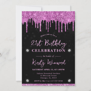 Invitación Cumpleaños 21 Brillo Rosado Goteante Bokeh Negro