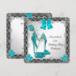 Invitación Cumpleaños 21 Brillo Turquesa Azul Tacón Alto Plat