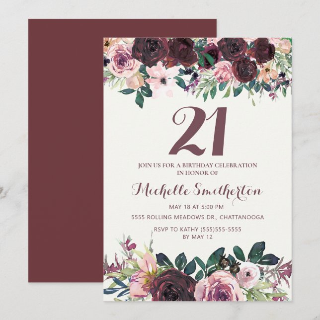 Invitación Cumpleaños 21 Burgundy Blush Pink Floral Leaves (Anverso / Reverso)