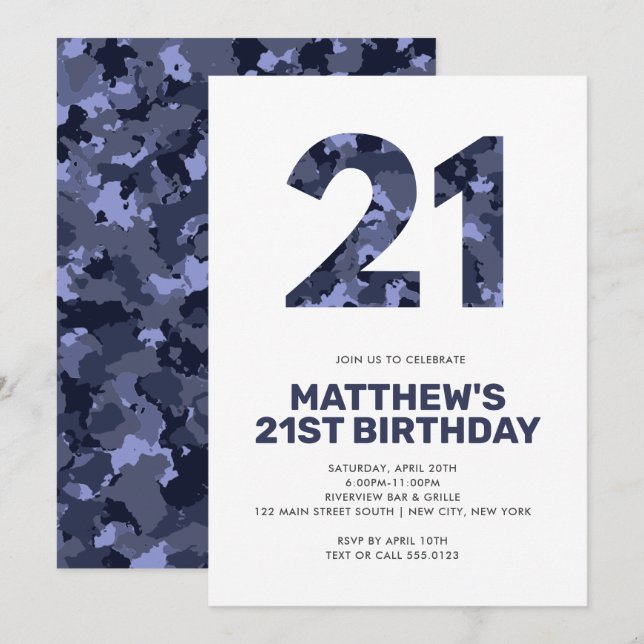 Invitación Cumpleaños 21, Camo Azul personalizado (Anverso / Reverso)