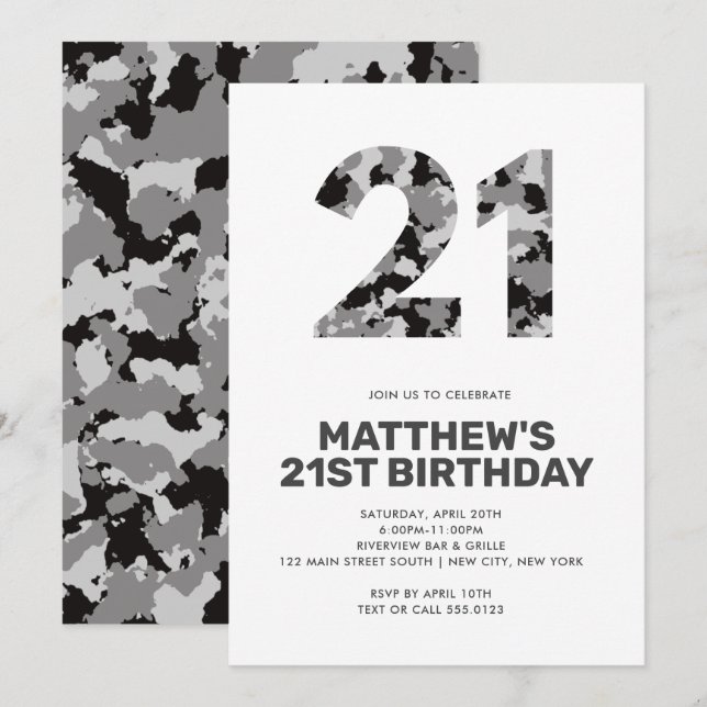 Invitación Cumpleaños 21, Camo Gris personalizado (Anverso / Reverso)