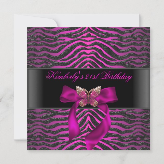 Invitación Cumpleaños 21 Cebra Negra Plateado Rosa Mariposa (Anverso)