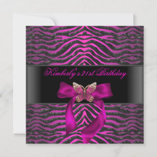 Invitación Cumpleaños 21 Cebra Negra Plateado Rosa Mariposa