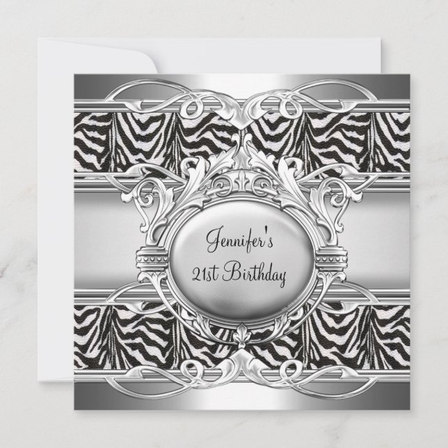 Invitación Cumpleaños 21 Cebra Negro Blanco Placa Plateada (Anverso)