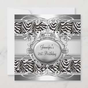 Invitación Cumpleaños 21 Cebra Negro Blanco Placa Plateada