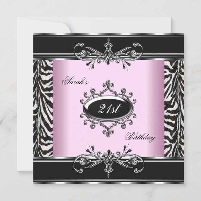 Invitación Cumpleaños 21 Cebra Negro Blanco Rosa Plateado (Anverso)