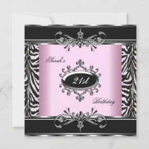 Invitación Cumpleaños 21 Cebra Negro Blanco Rosa Plateado