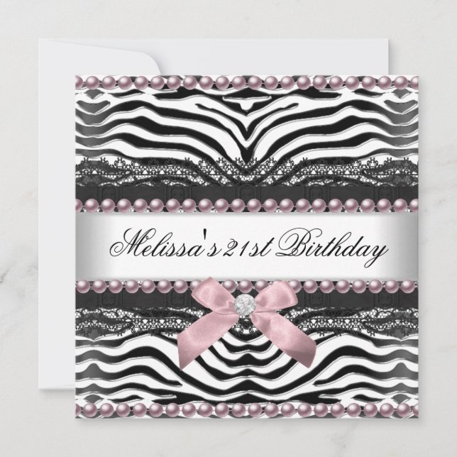 Invitación Cumpleaños 21 Cebra Rosa Blanco Encaje Negro (Anverso)